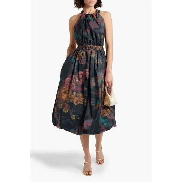 Ulla Johnson Leyna Gathered Printed Taffeta Midi Dress Floral Open Back Size 2